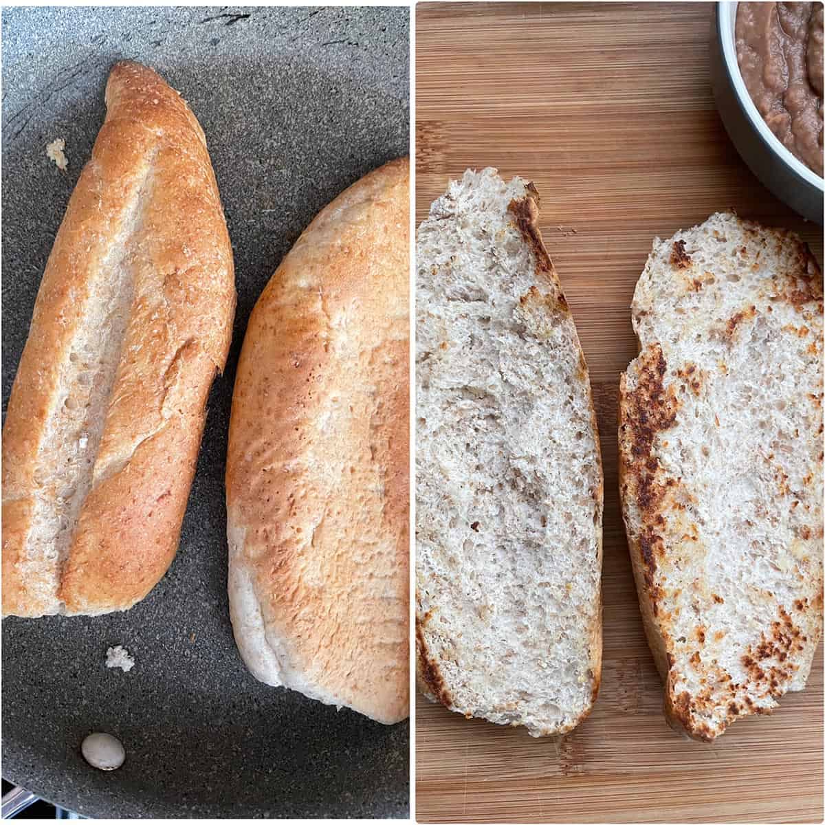 Crusty rolls being toasted on a skillet