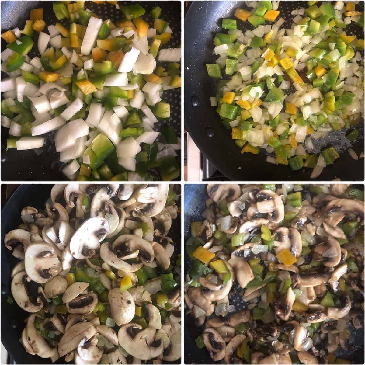 4 panel photo showing the sautéing of veggies in a pan.