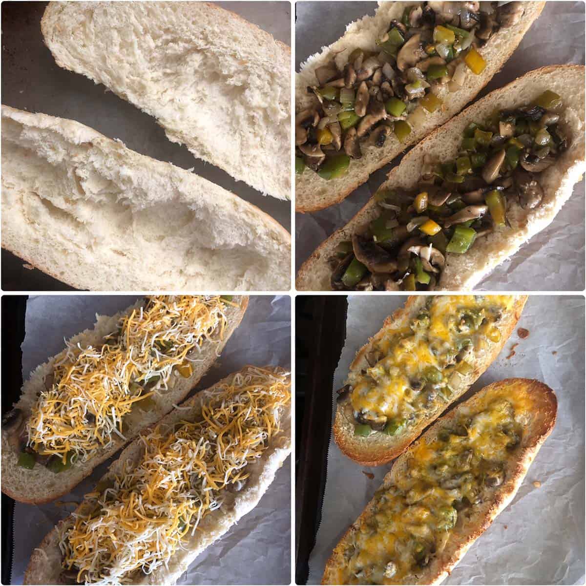 4 panel photo showing the making of baked sandwich.