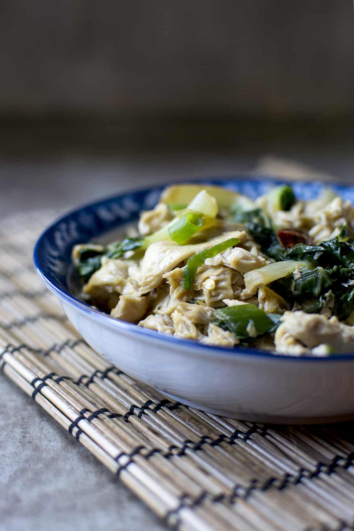 Blue bowl with tofu skin noodles stir fry