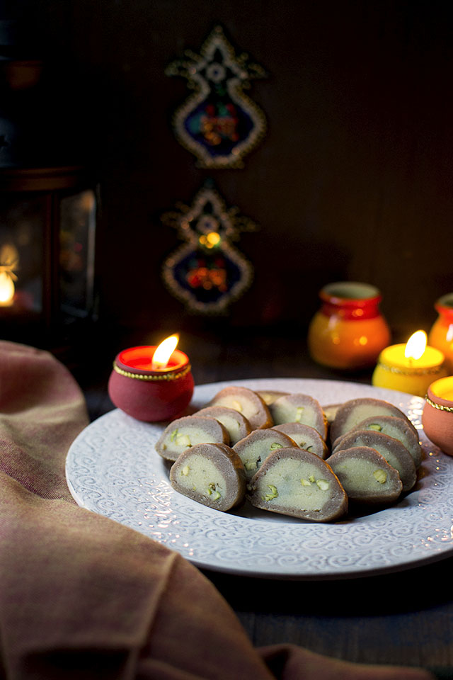 Platter of chocolate pistachio dessert rolls for diwali