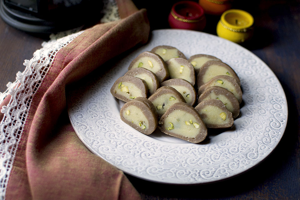 Plate of chocolate pistachio burfi