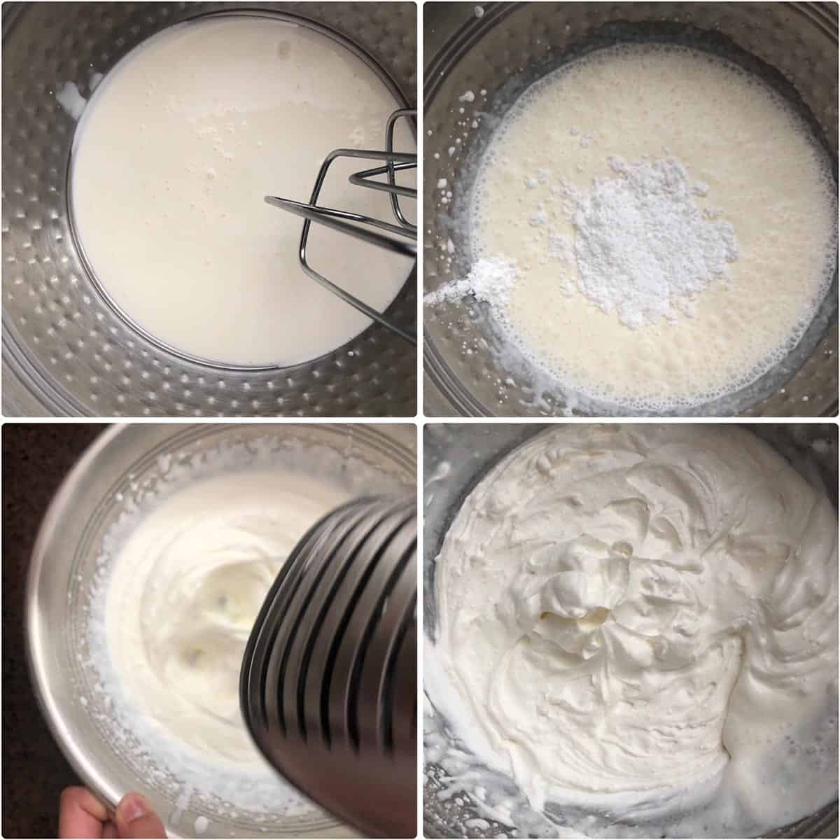 Step by step photos showing the whipping of heavy cream until stiff peaks formed