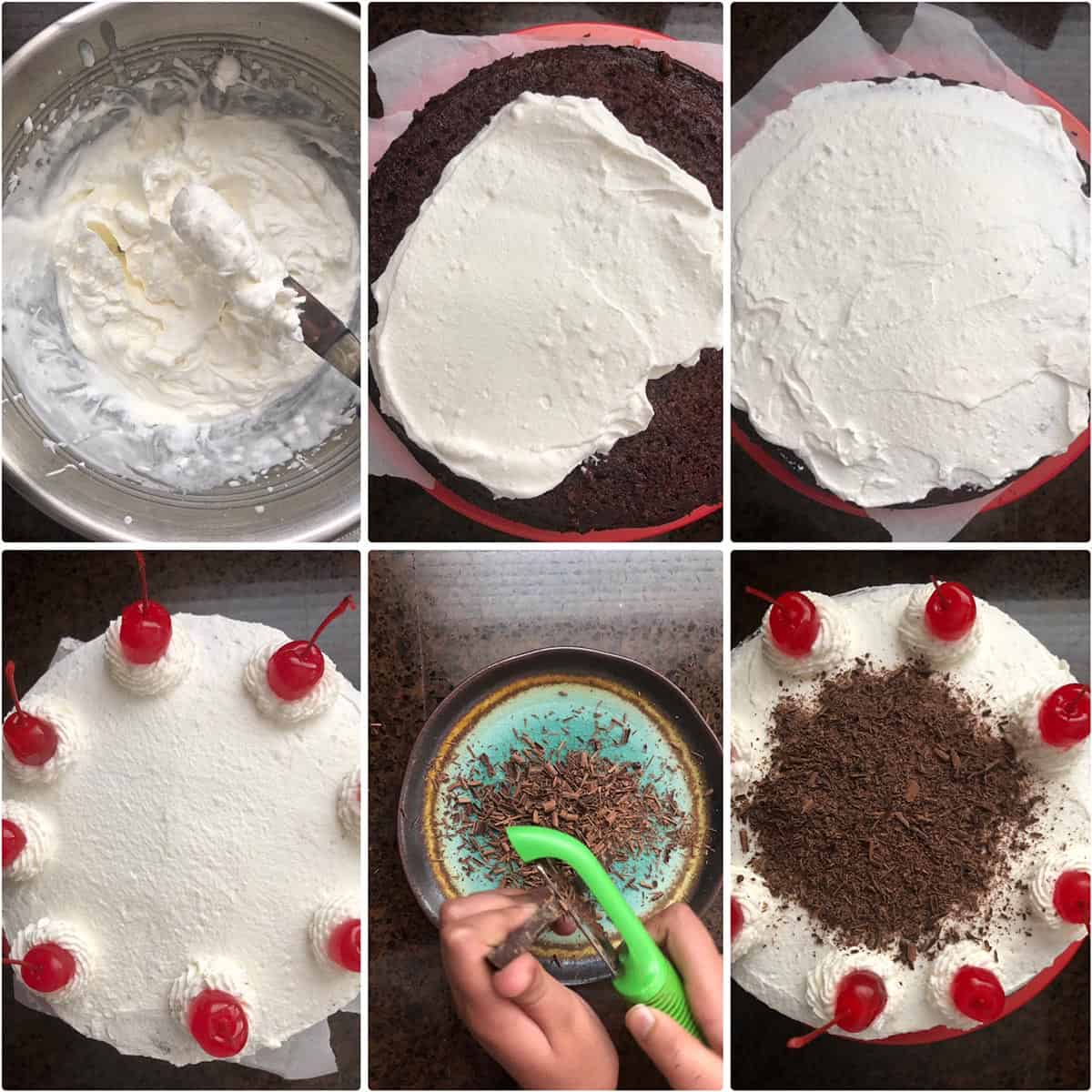 Step by step photos showing the decoration of 2 layer cake