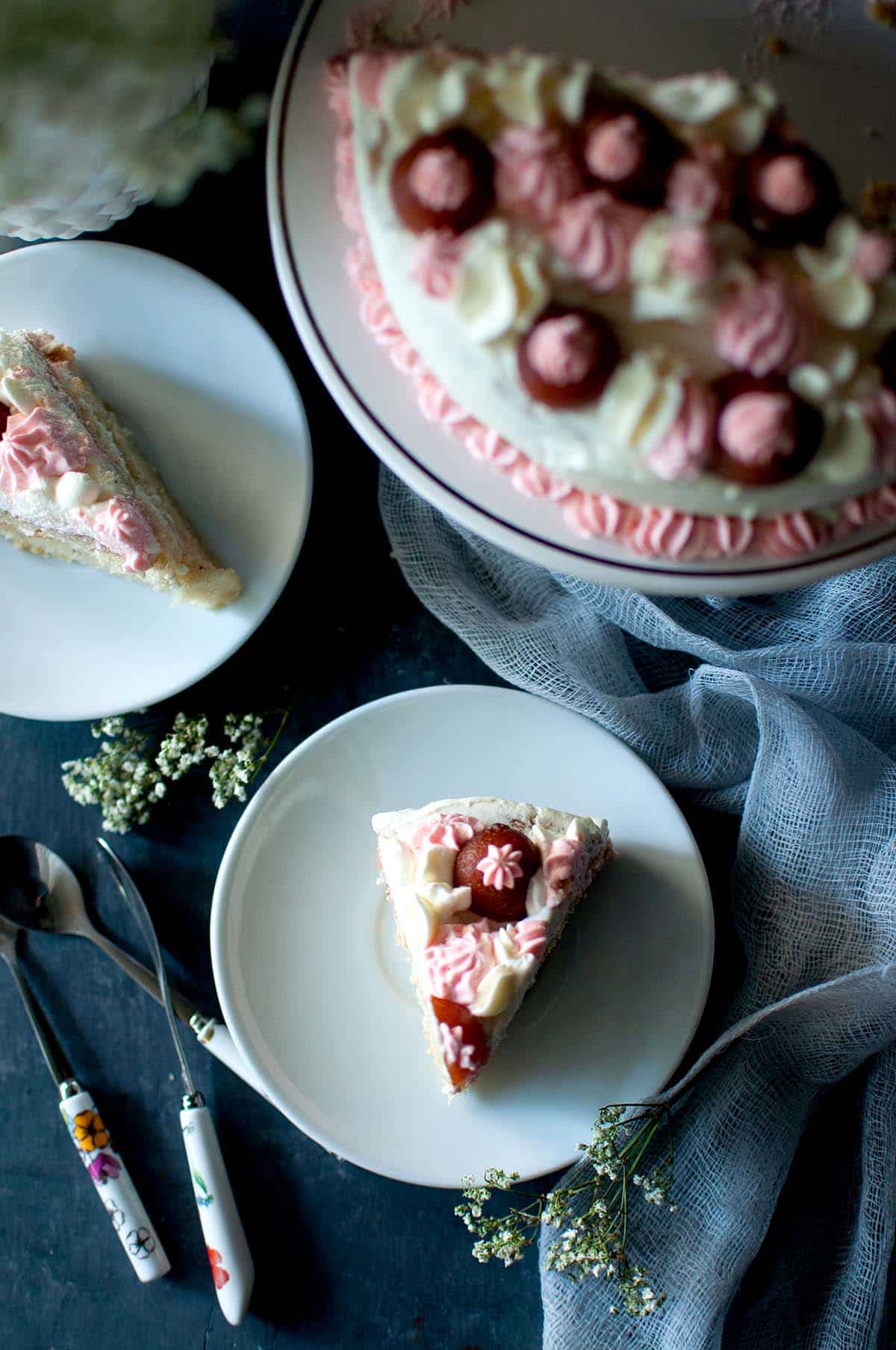 Top view of a white plate with a slice of cake