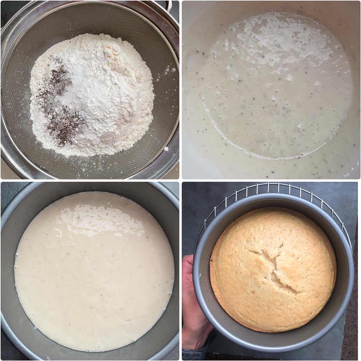 Adding dry ingredients and baked cake