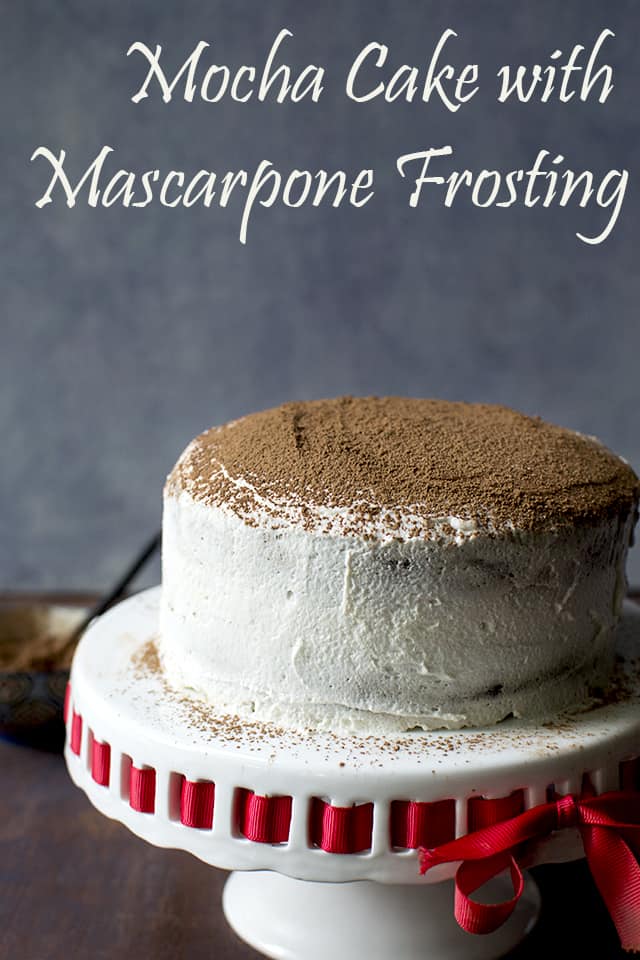 Pin for mocha cake with simple mascarpone frosing