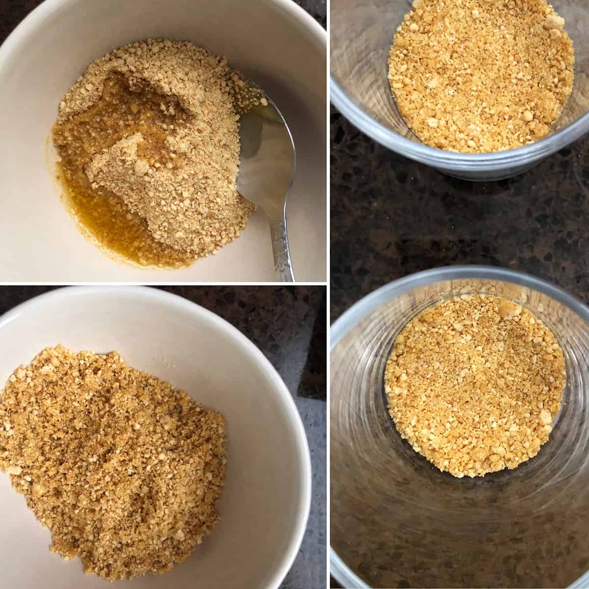 Melted ghee added to graham cracker crumbs. added to glasses to form the crust