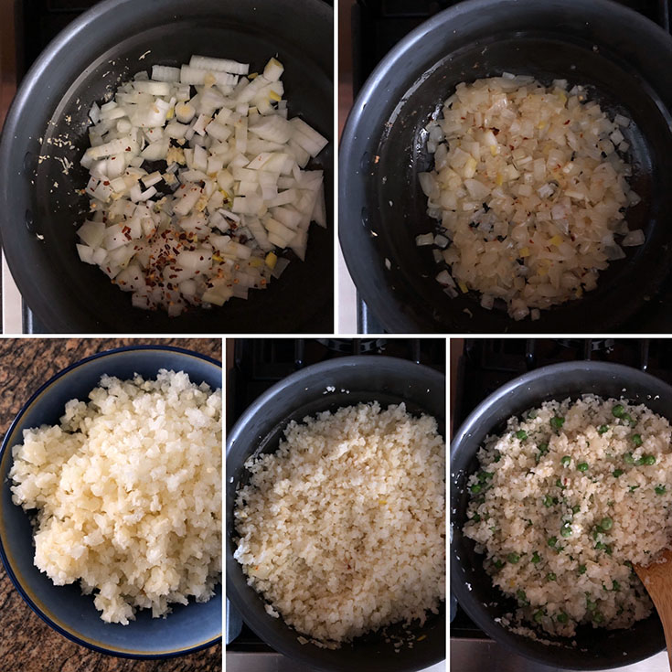 Photos showing sauteing onion, garlic and rice