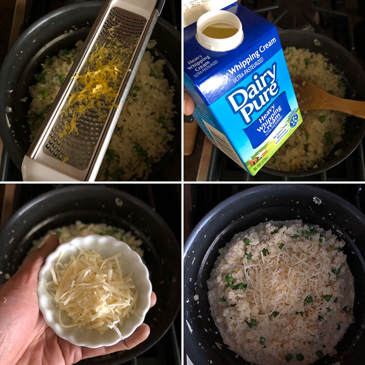 Photos adding lemon zest, cream, parmesan cheese to risotto