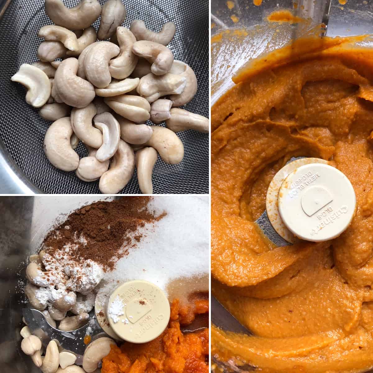 Step by step photos showing drained cashews processed with other filling ingredients until very smooth