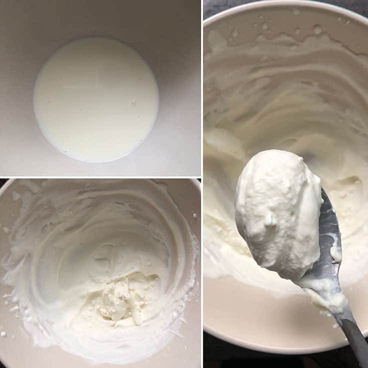 Photos showing heavy cream whipped until stiff peaks form