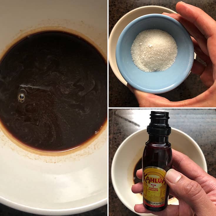 Photos showing the making of sweet coffee dipping liquid