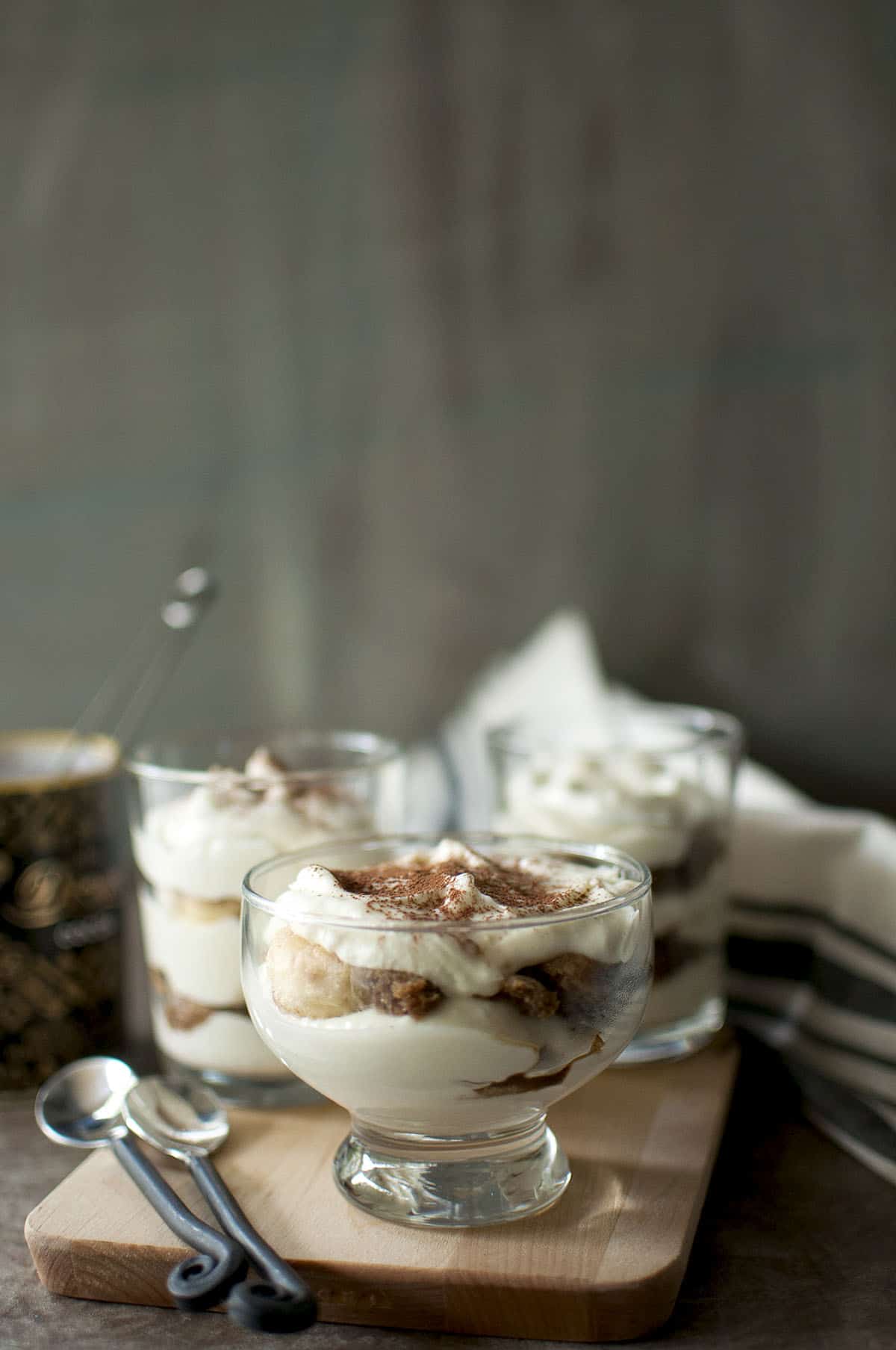 Glass goblet with quick tiramisu trifle