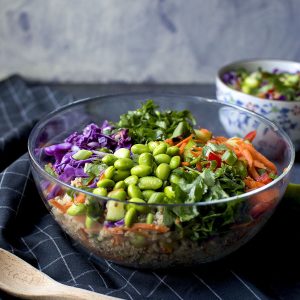 Glass bowl with Thai quinoa ingredients