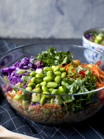 Glass bowl with Thai quinoa ingredients