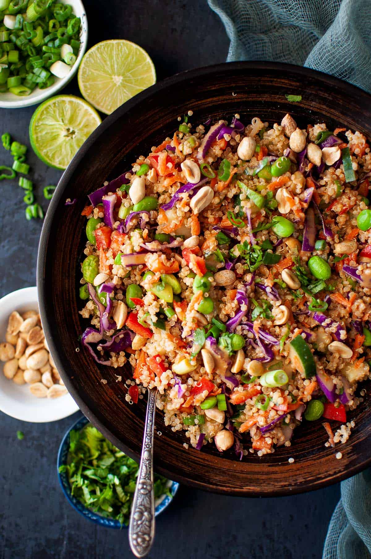 Wooden bowl with Thai quinoa salad