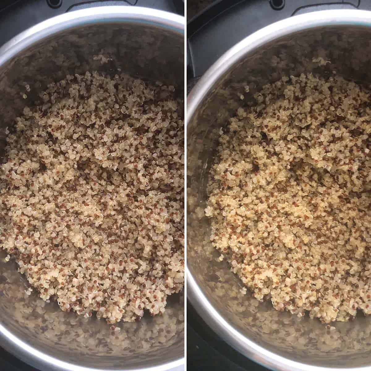 2 panel photo showing cooked quinoa