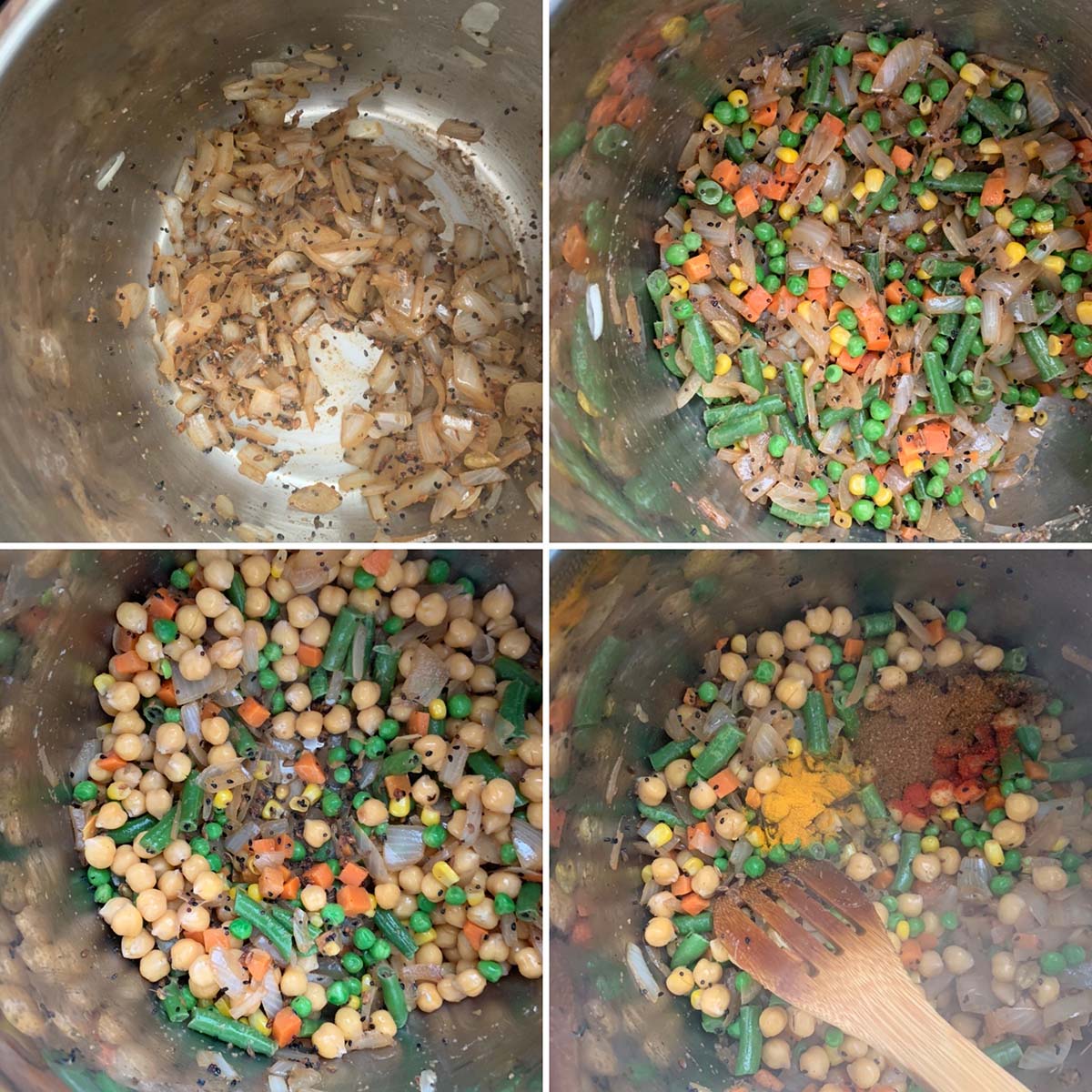 Step by step photos showing sauteed spices, onions, mixed veggies, chickpeas and ground spices