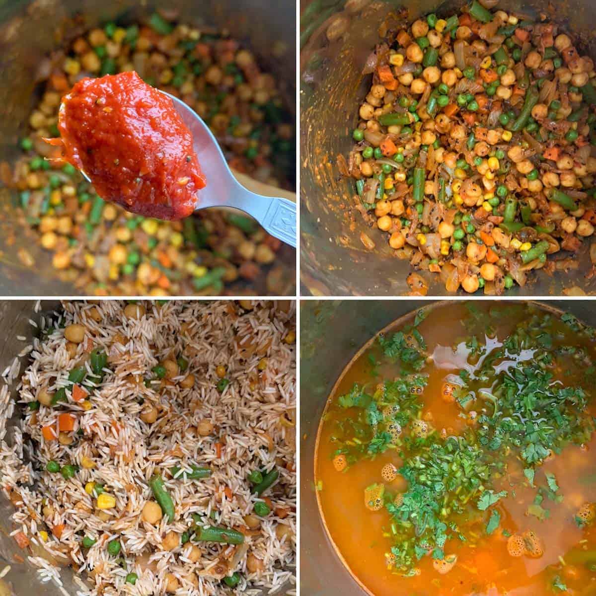 4 panel photo showing the addition of achar, rice and water to Instant pot.