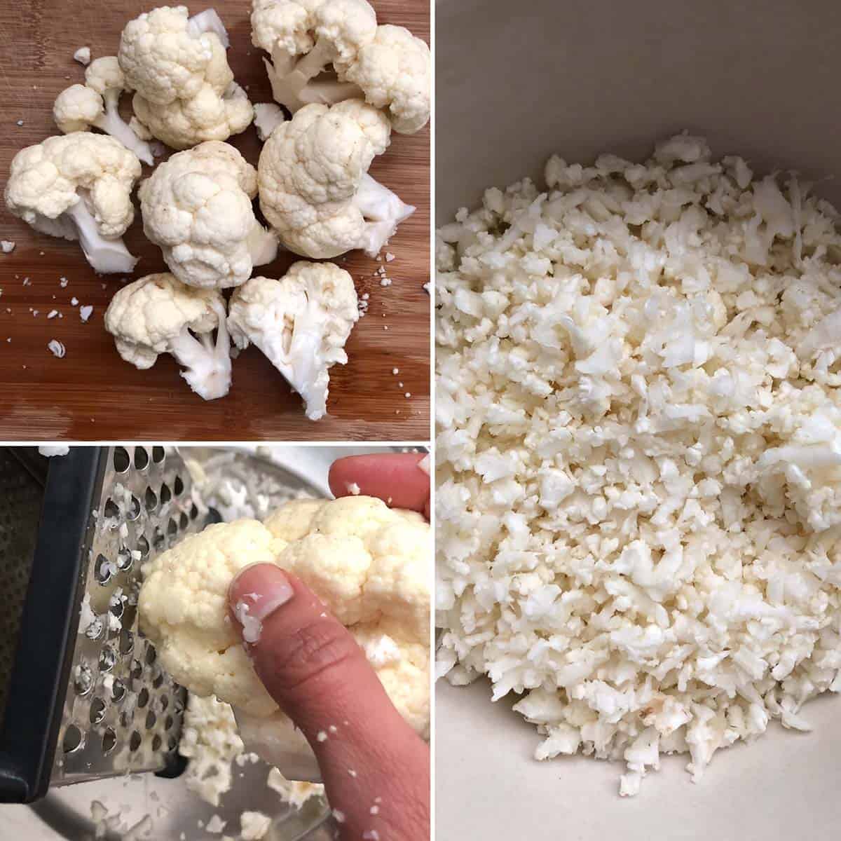 Step by step photos showing the grating of cauliflower