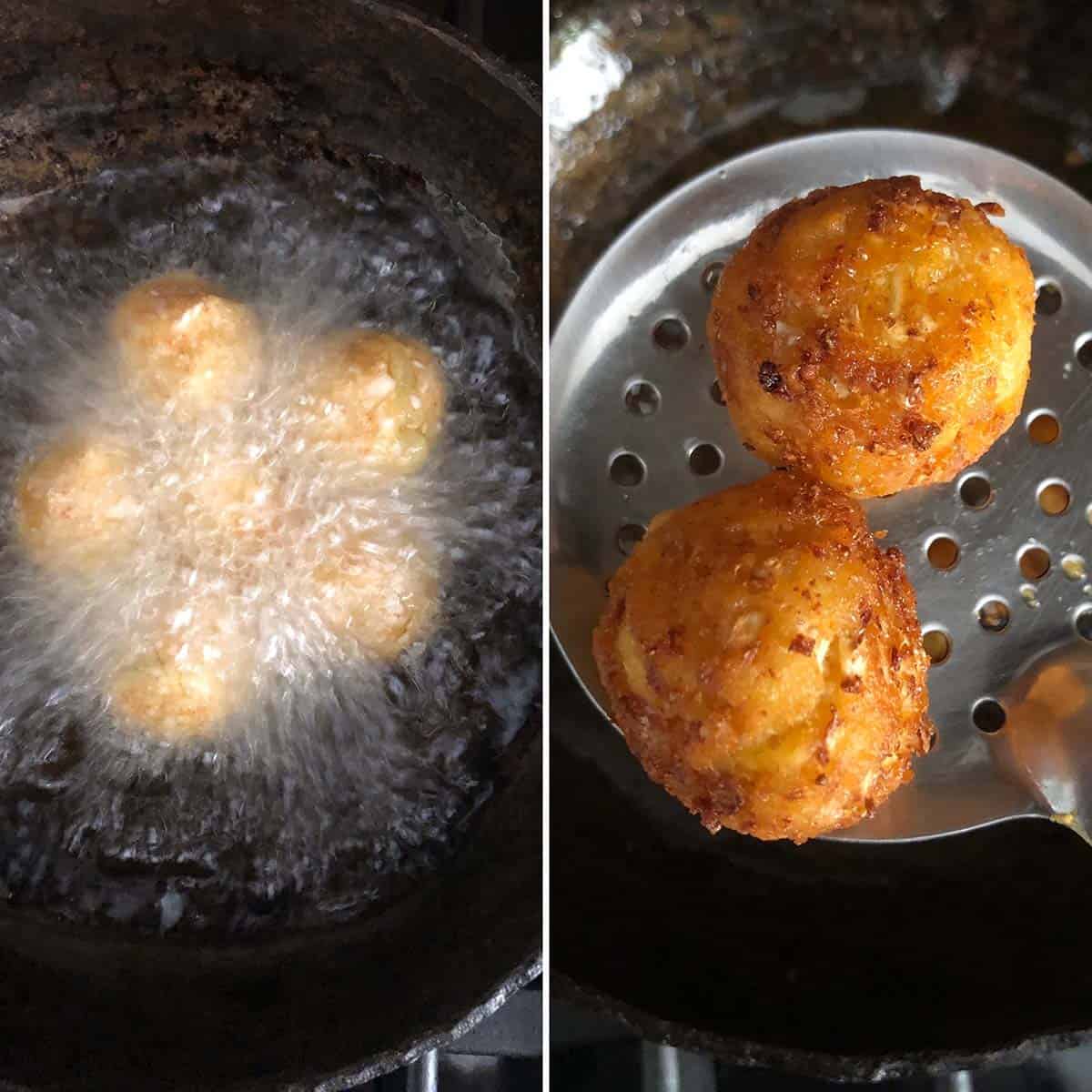 Deep frying veg kofta in oil until golden brown