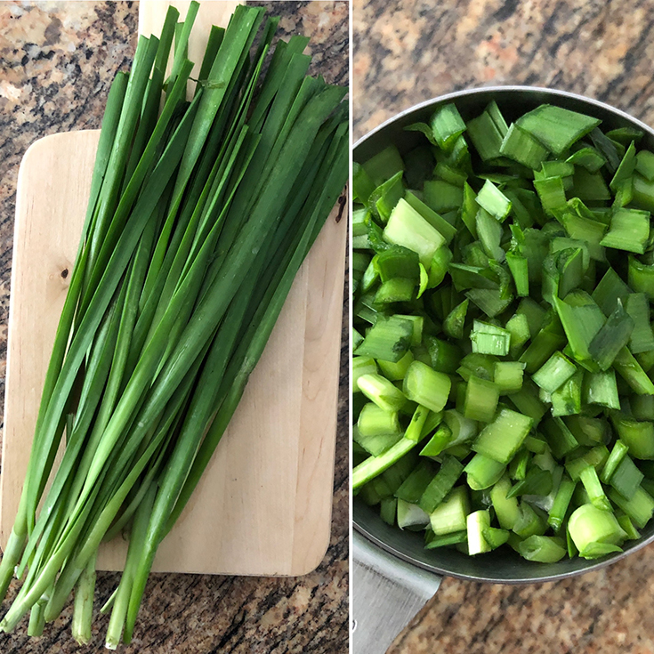 Side by side photos of fresh chives and chopped chives