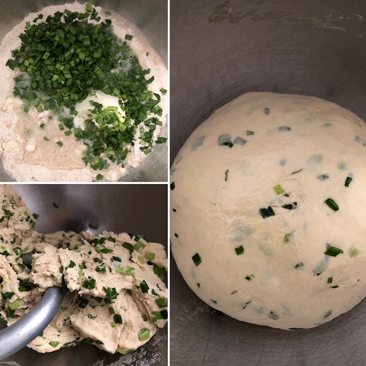Step by step photos showing a mixing bowl with flour, yeast, sugar, salt, chives, ricotta cheese and water kneaded to a smooth dough
