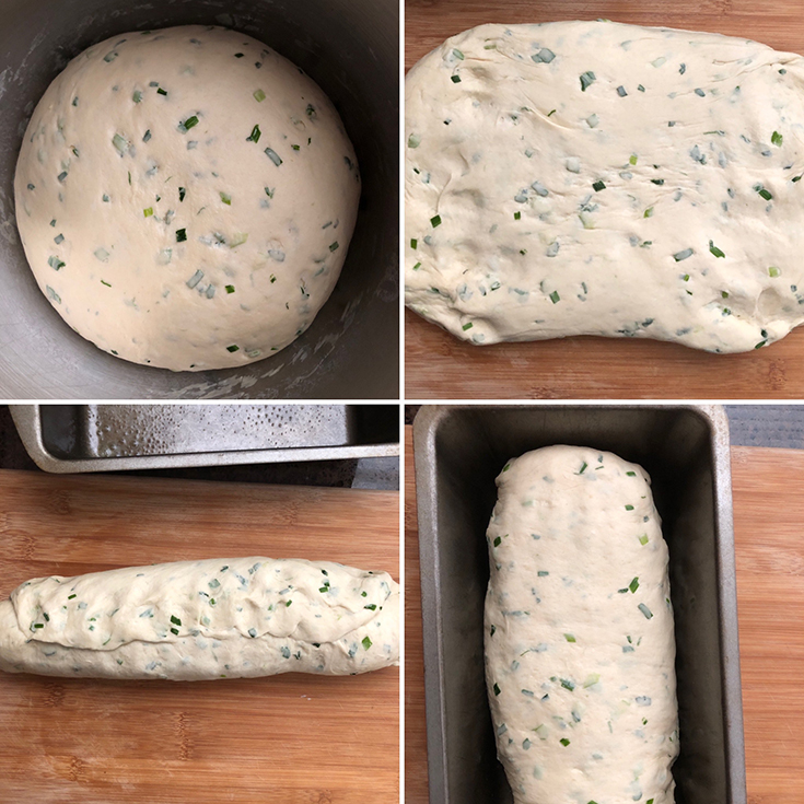 Step by step photos showing dough after first rise, gently deflated and formed into a log and placed in a baking pan