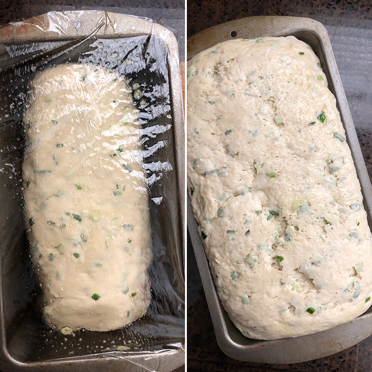 Side by side photos of dough set for second rise and a risen dough