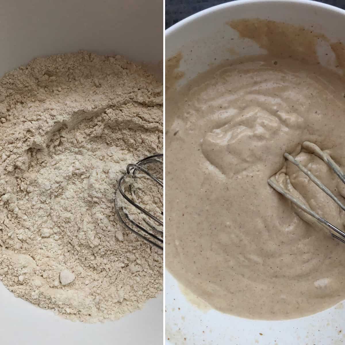 Side by side photos of dry ingredients and the batter