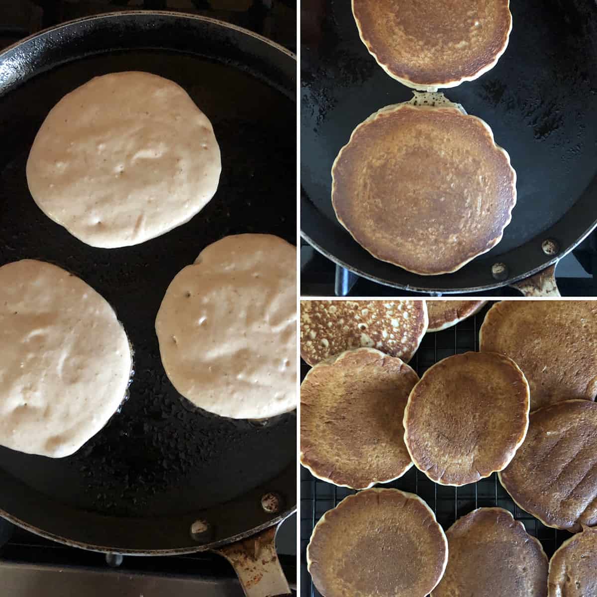 Side by side photos of making pancakes