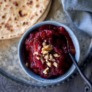 Blue bowl with sweet and spicy berry chutney