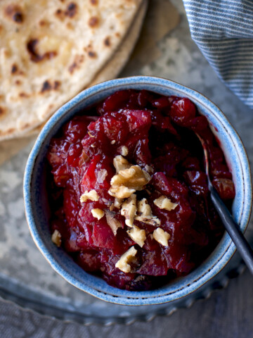 Blue bowl with sweet and spicy berry chutney