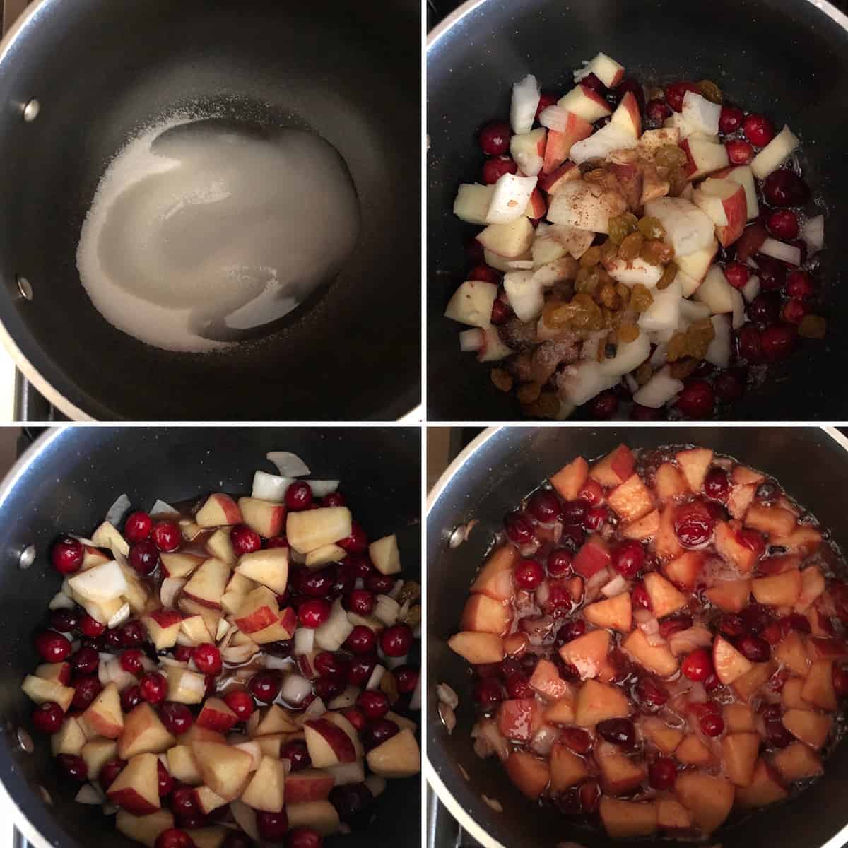 Step by step photos of making of cranberry apple chutney.