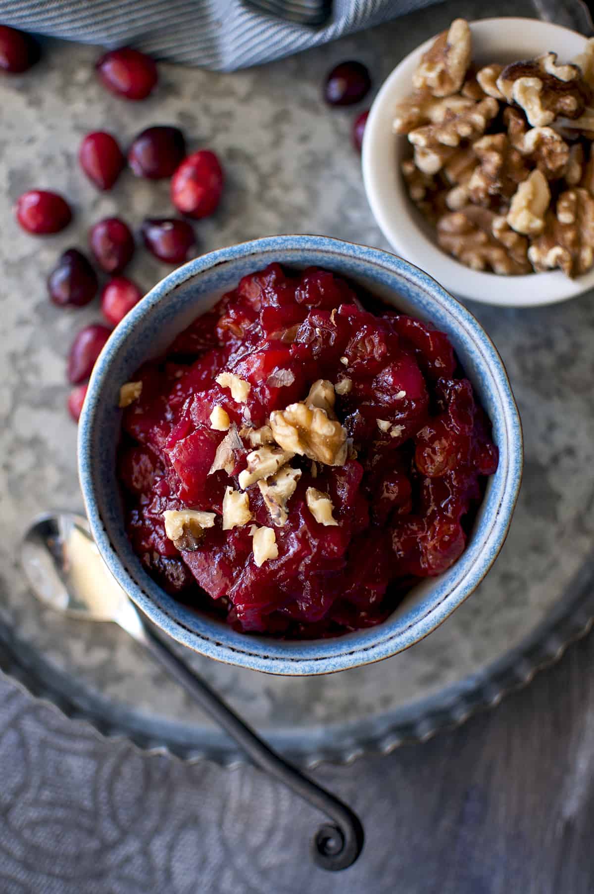 Blue bowl with sweet cranberry chutney