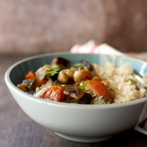 Grey bowl with roasted vegetables