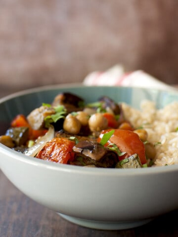 Grey bowl with roasted vegetables