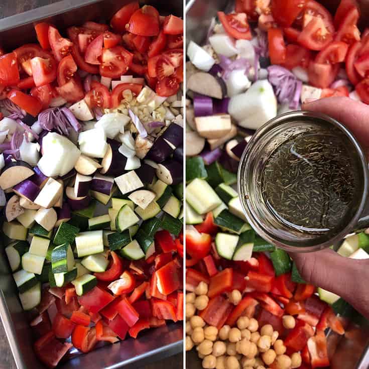 Roasting pan with vegetables and dressing being added to them