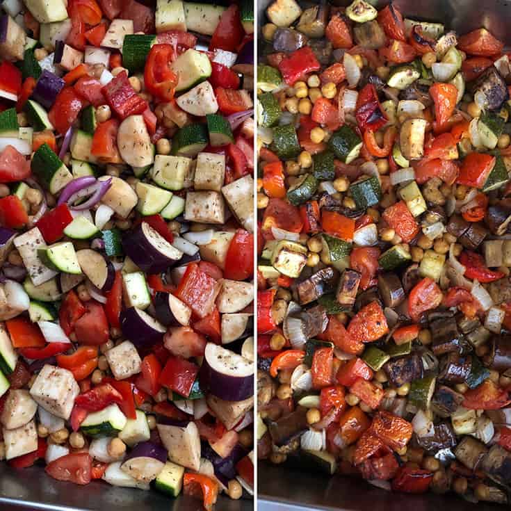 Side by side photos of veggies mixed with dressing and roasted veggies