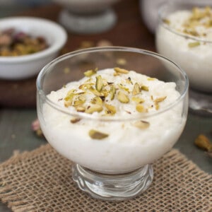 Glass serving bowl with Syrian Rice Pudding