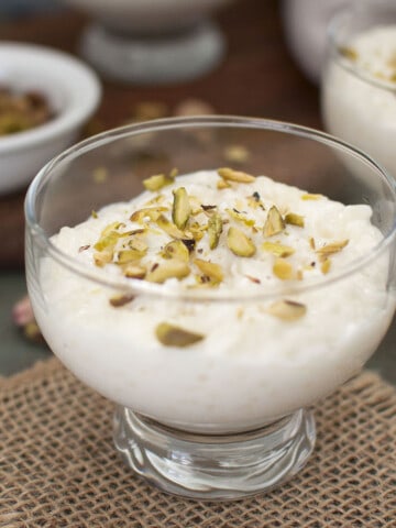 Glass serving bowl with Syrian Rice Pudding