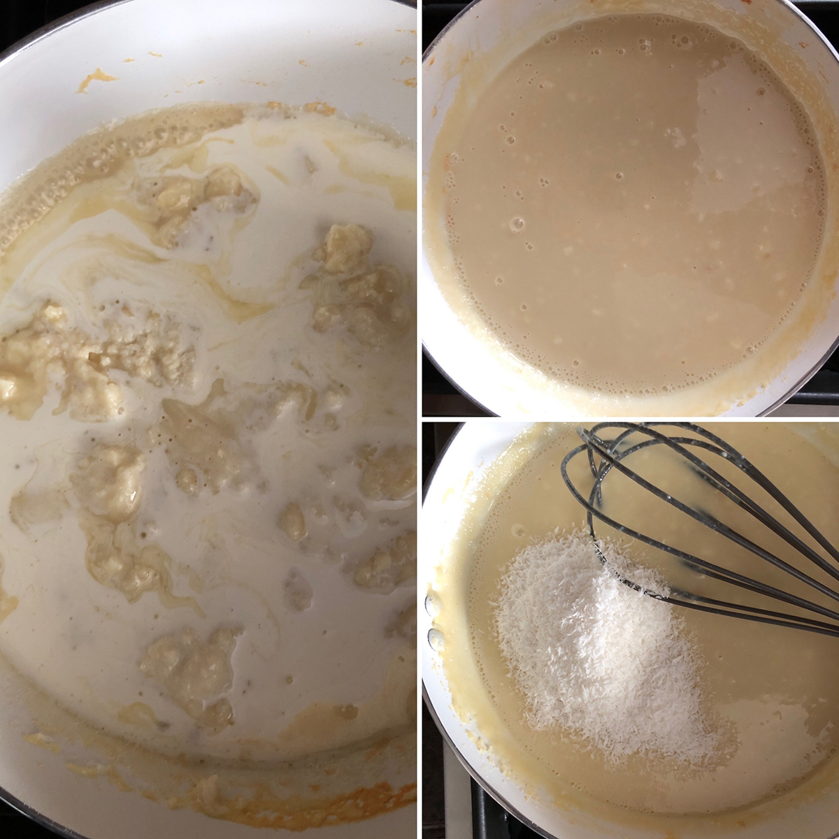 Step by step photos showing the cooking of cheese, condensed milk and desiccated coconut
