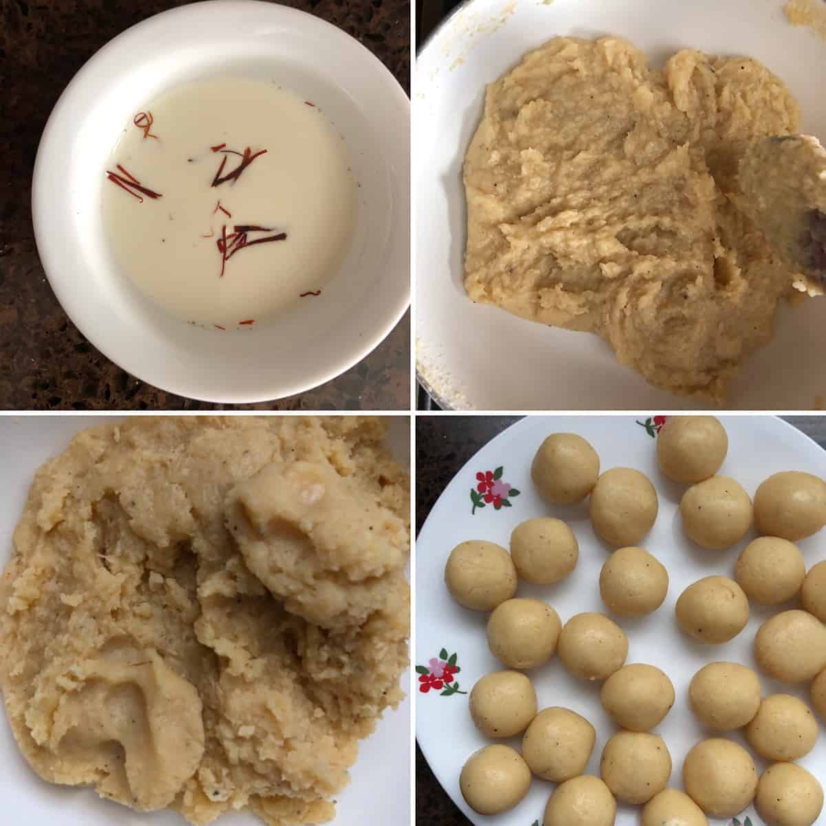 Photos showing the making of coconut malai ladoo.