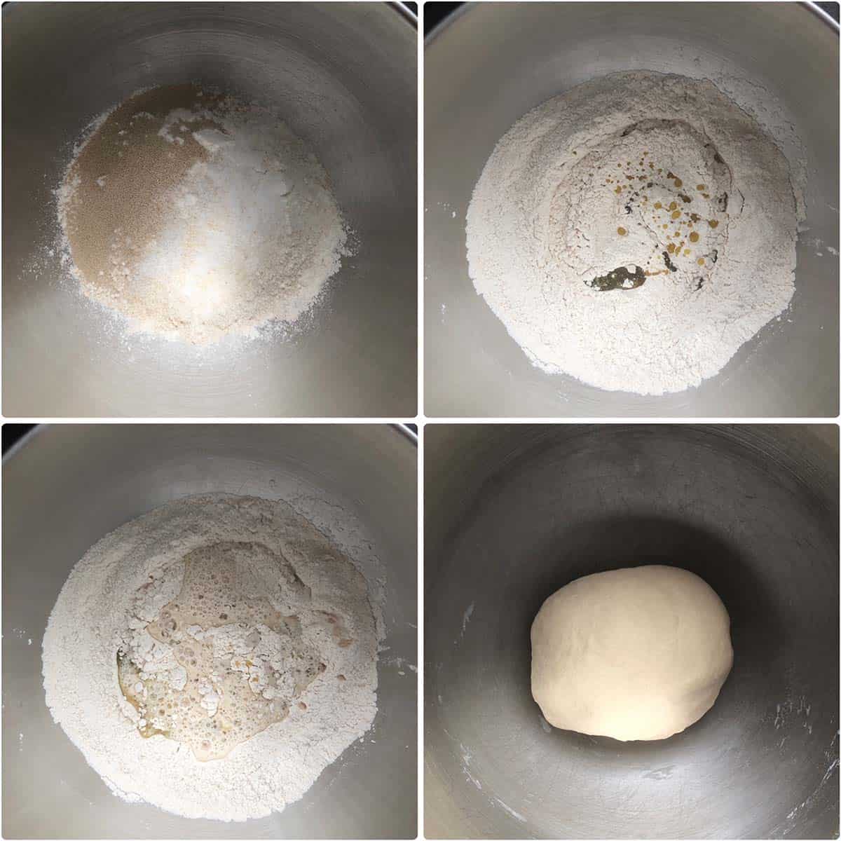 4 panel photo showing the making of the dough.