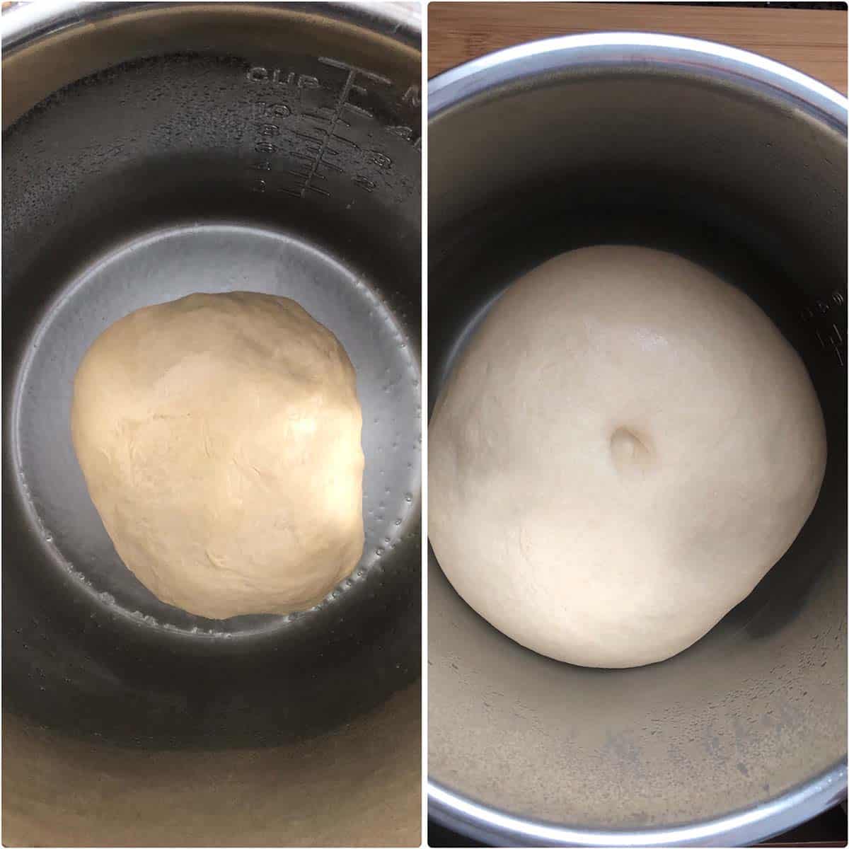 2 panel photo showing the dough before and after proofing.