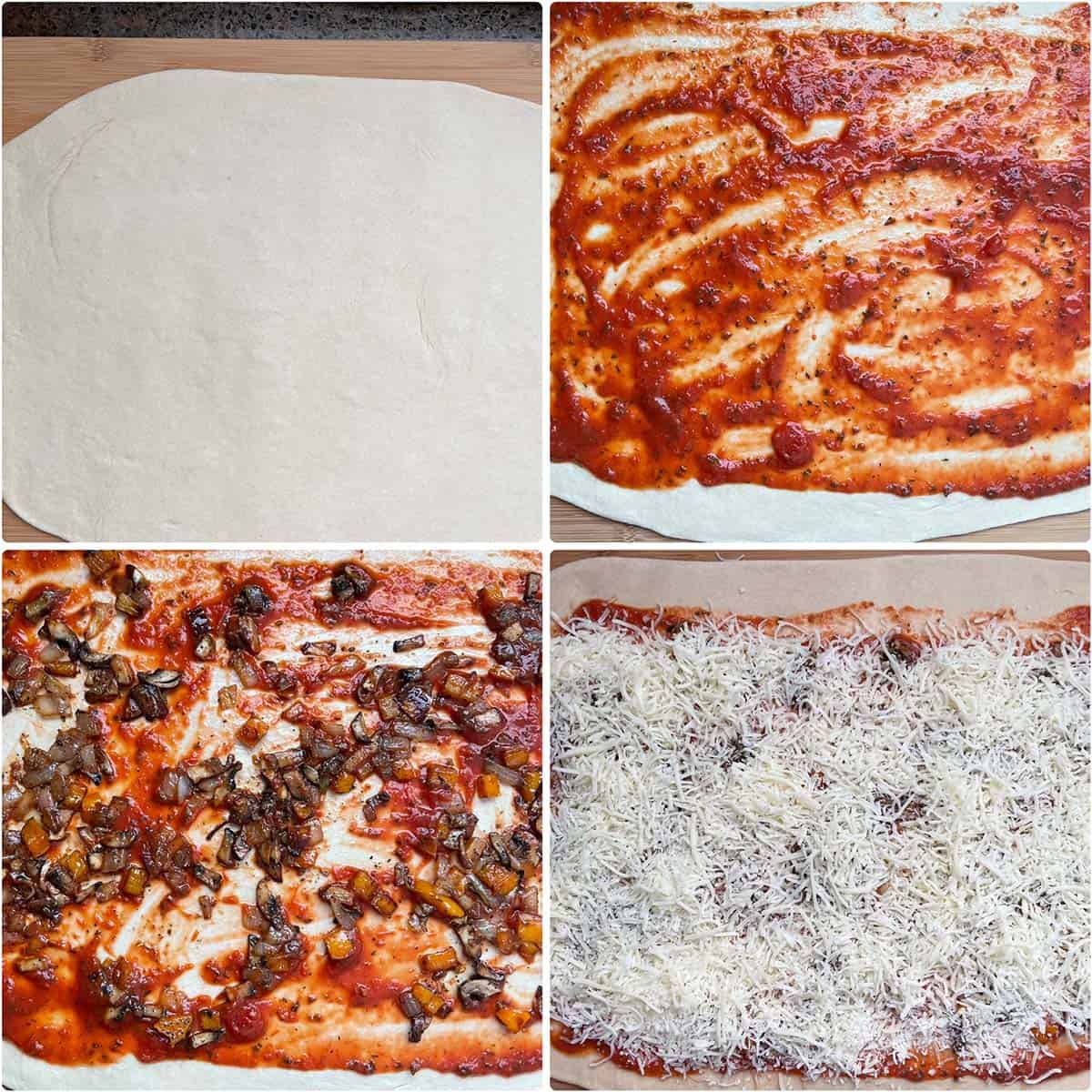 4 panel photo showing the dough rolled out, marinara sauce, veggies and cheese added.