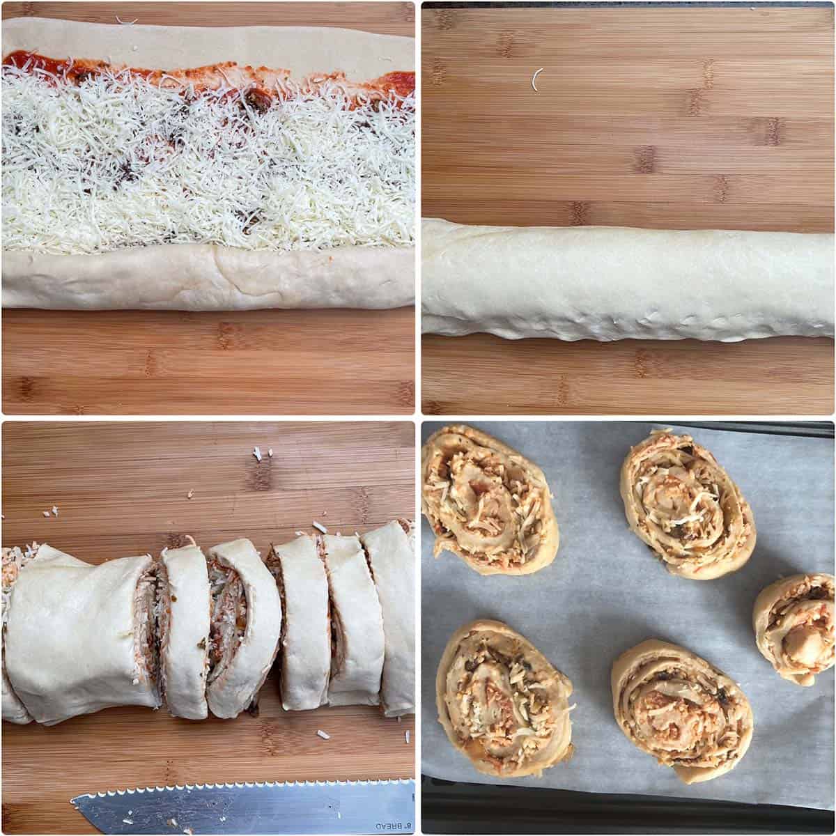 4 panel photo showing the rolling of the dough and cutting into pinwheels.