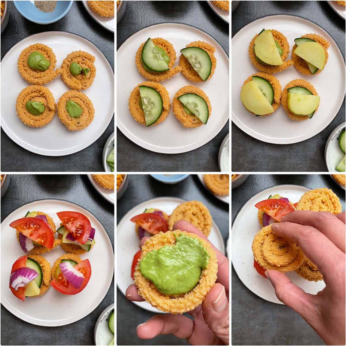 6 panel photo showing the making of recipe with chakli.