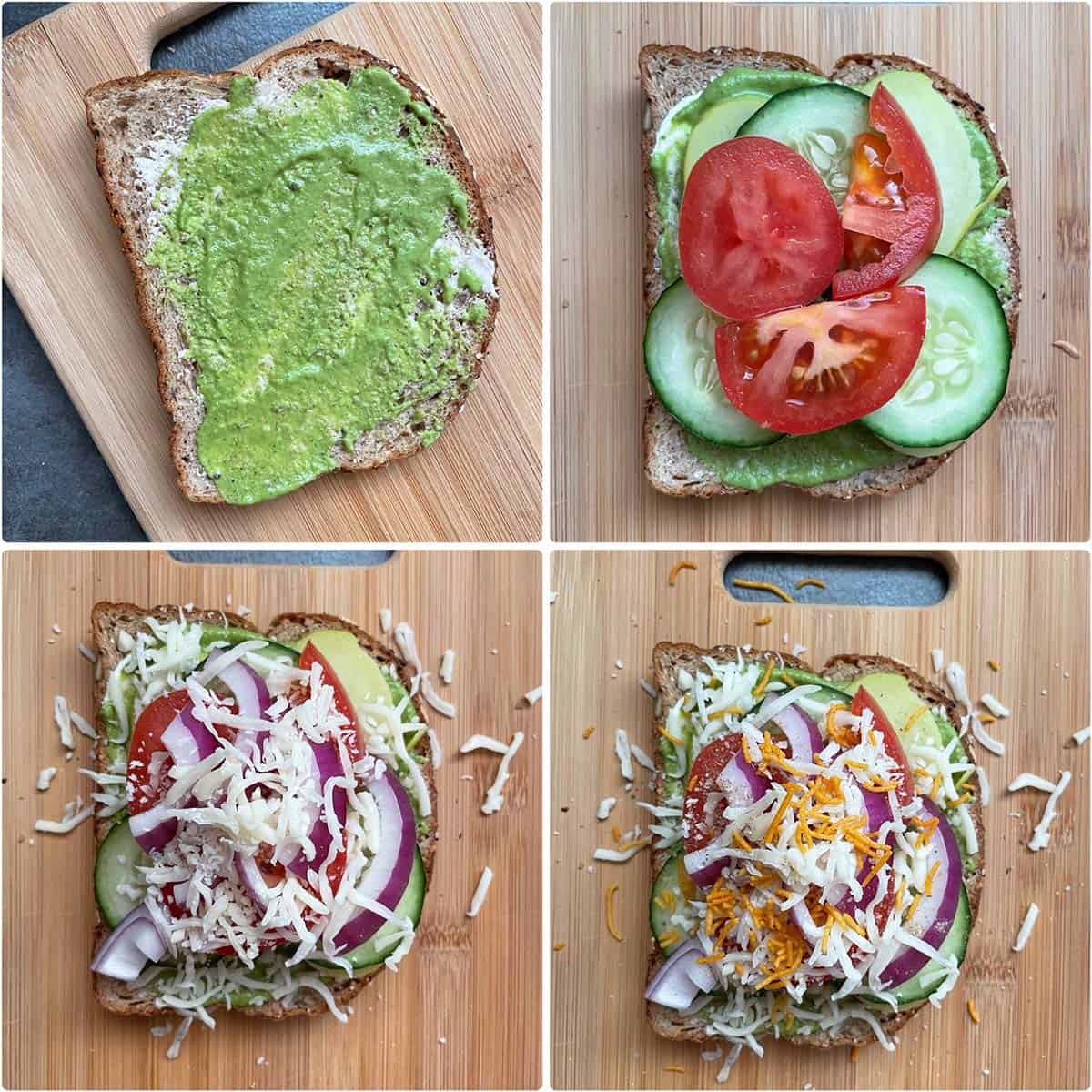 4 panel photo showing the making of recipe with bread.